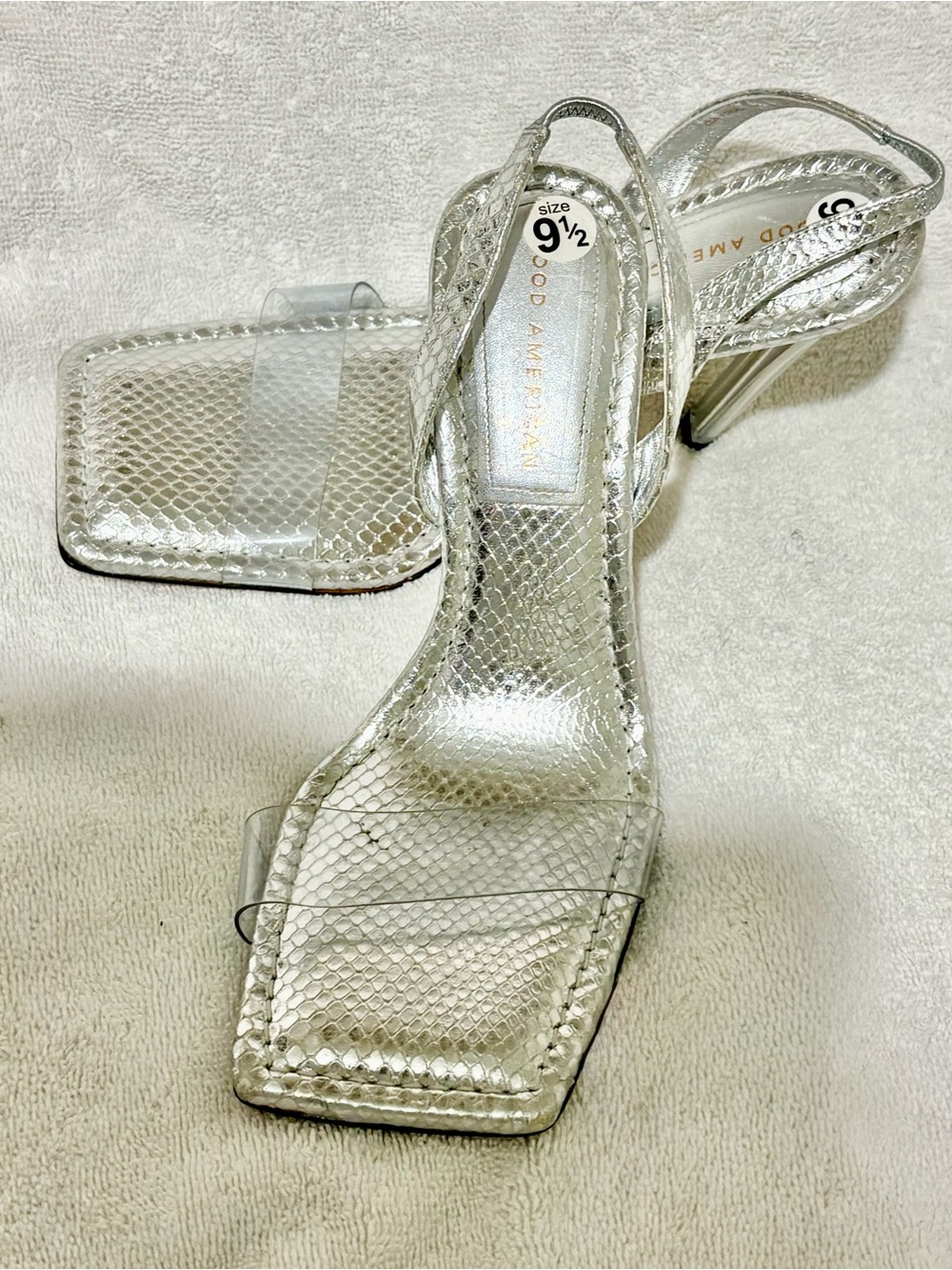 Good American Silver Snake-Embossed Clear Strap Heels